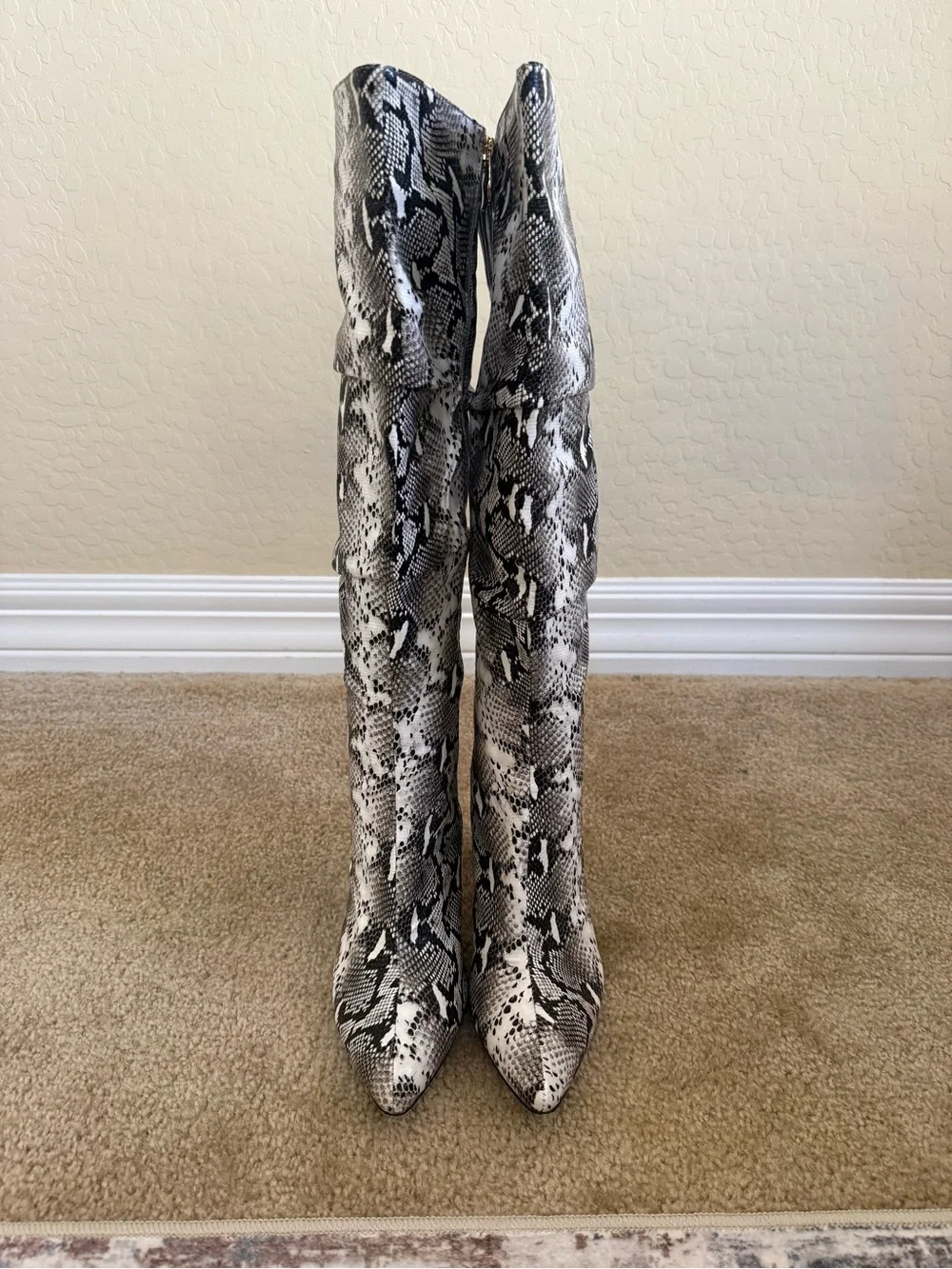 Python-Pattern Over-the-Knee Heeled Boots - Black & White - Picture 1 of 4